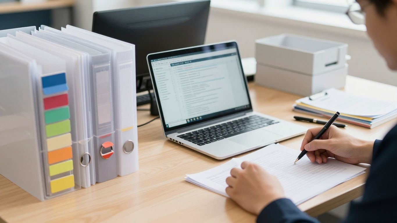 Organized procedure documents beside laptop workspace